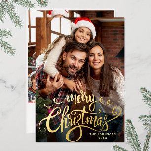 Sparkle Merry Christmas 4 PHOTO Greeting Gold Foil Holiday Card