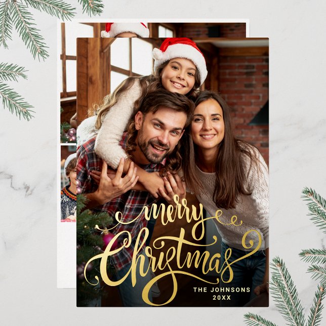 Sparkle Merry Christmas 4 PHOTO Greeting Gold Foil Holiday Card (Customizable Christmas holiday greeting photo card with real foil print.)