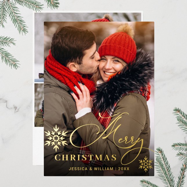 Sparkle Merry Christmas 4 PHOTO Greeting Gold Foil Holiday Card (Creator Uploaded)