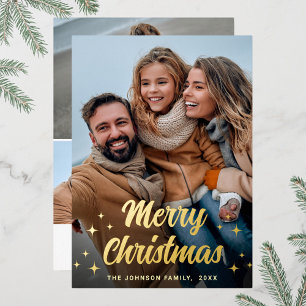 Sparkle Merry Christmas 4 PHOTO Greeting Gold Foil Holiday Card