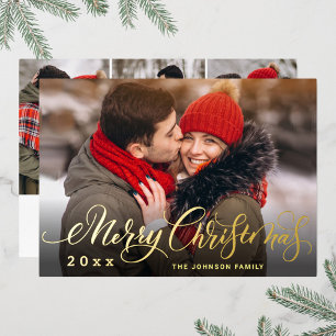 Sparkle Merry Christmas 4 PHOTO Greeting Gold Foil Holiday Card