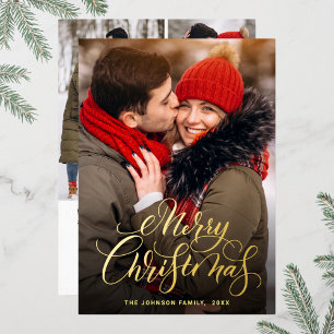 Sparkle Merry Christmas 4 PHOTO Greeting Gold Foil Holiday Card