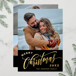 Sparkle Merry Christmas 4 PHOTO Greeting Gold Foil Holiday Card