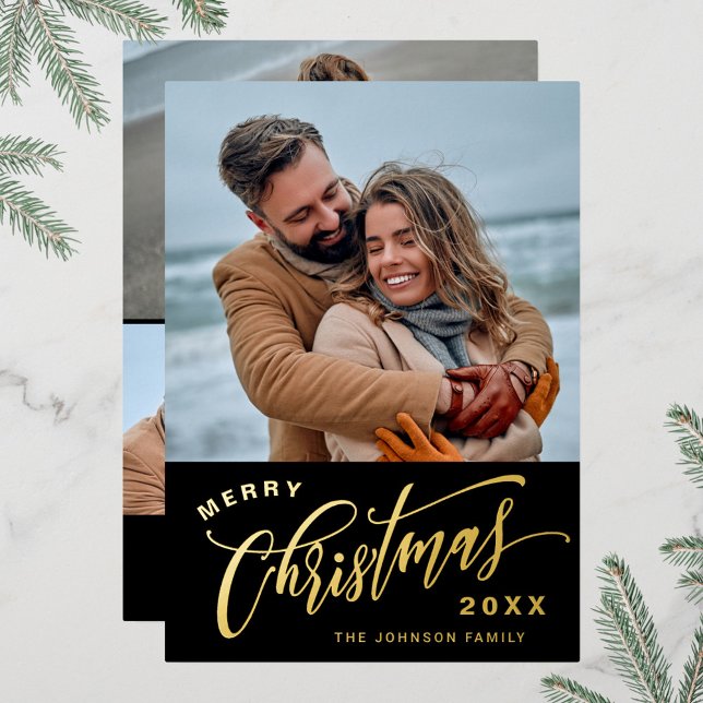 Sparkle Merry Christmas 4 PHOTO Greeting Gold Foil Holiday Card (Creator Uploaded)