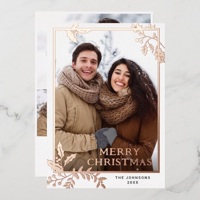 Sparkle Merry Christmas 4 PHOTO Greeting Rose Gold Foil Holiday Card (Front/Back)