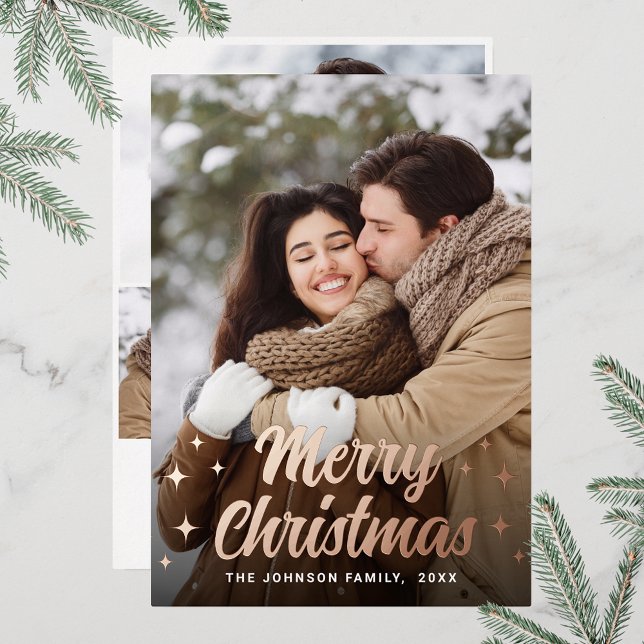 Sparkle Merry Christmas 4 PHOTO Greeting Rose Gold Foil Holiday Card (Customizable Christmas holiday greeting photo card with real foil print.)