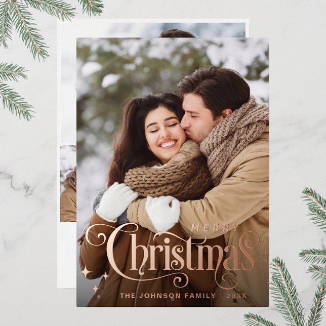 Sparkle Merry Christmas 4 PHOTO Greeting Rose Gold Foil Holiday Card (Creator Uploaded)