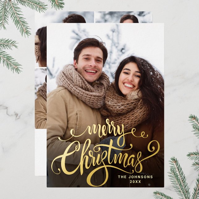 Sparkle Merry Christmas 5 PHOTO Greeting Gold Foil Holiday Card (Creator Uploaded)