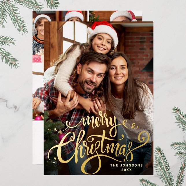 Sparkle Merry Christmas 5 PHOTO Greeting Gold Foil Holiday Card (Customizable Christmas holiday greeting photo card with real foil print.)