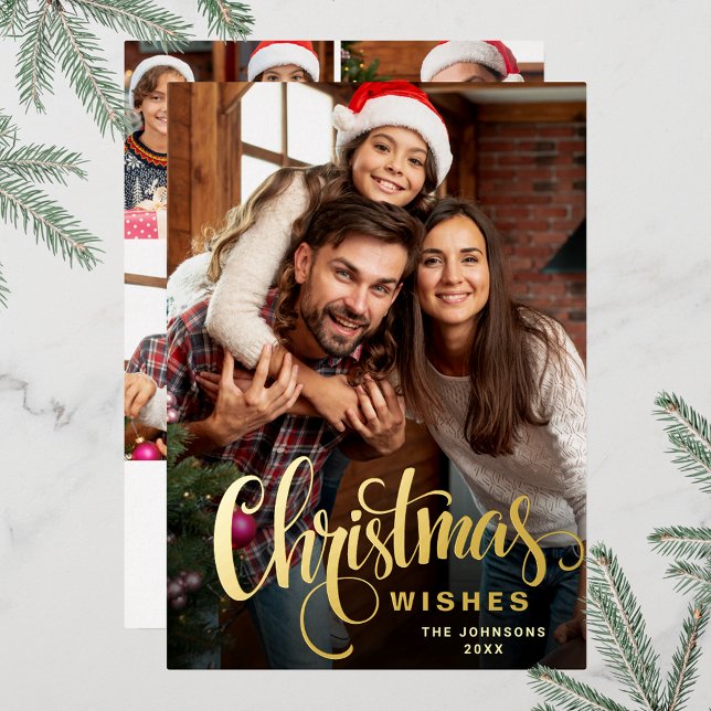 Sparkle Merry Christmas 5 PHOTO Greeting Gold Foil Holiday Card (Customizable Christmas holiday greeting photo card with real foil print.)