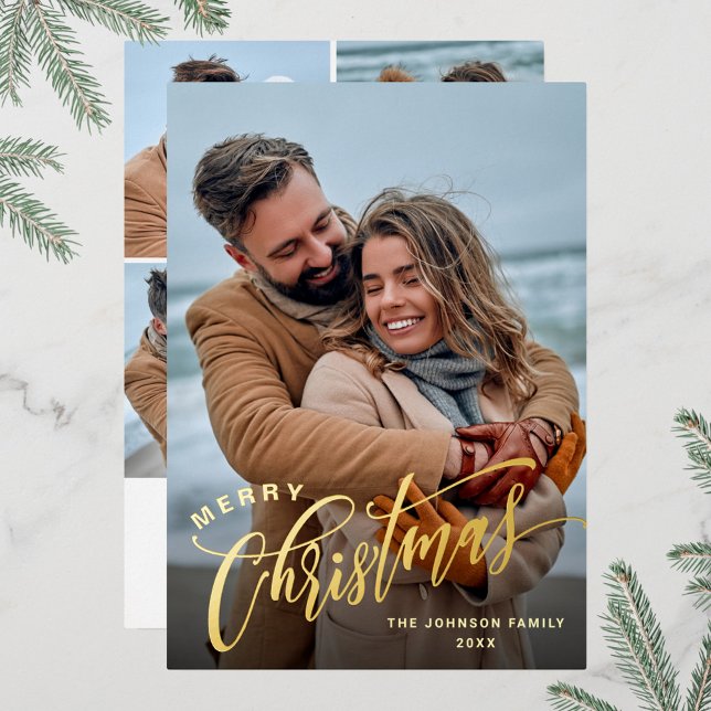 Sparkle Merry Christmas 5 PHOTO Greeting Gold Foil Holiday Card (Creator Uploaded)