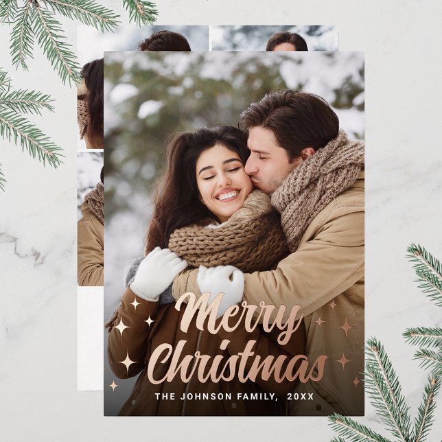 Sparkle Merry Christmas 5 PHOTO Greeting Rose Gold Foil Holiday Card (Customizable Christmas holiday greeting photo card with real foil print.)