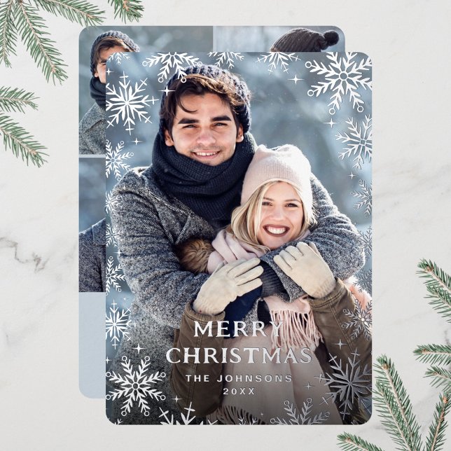 Sparkle Merry Christmas 5 PHOTO Greeting Silver Foil Holiday Card (Creator Uploaded)