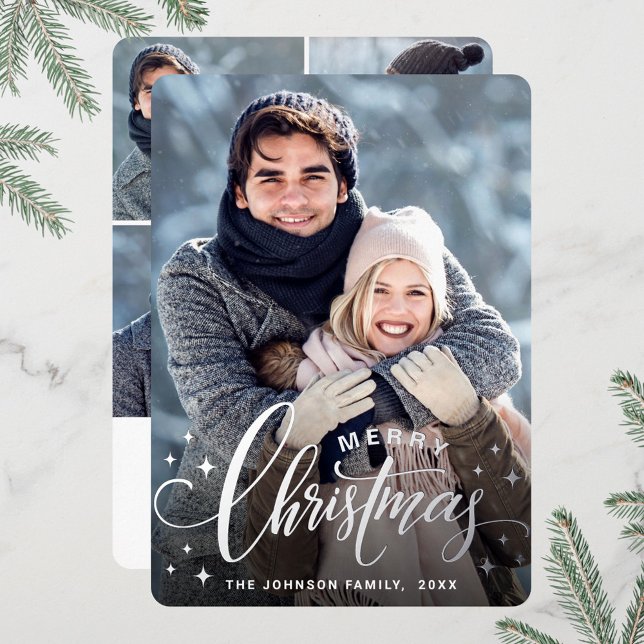 Sparkle Merry Christmas 5 PHOTO Greeting Silver Foil Holiday Card (Creator Uploaded)