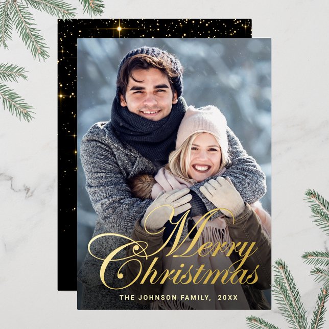 Sparkle Merry Christmas PHOTO Greeting Gold Foil Holiday Card (Customizable Christmas holiday greeting photo card with real foil print.)