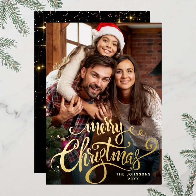 Sparkle Merry Christmas PHOTO Greeting Gold Foil Holiday Card (Customizable Christmas holiday greeting photo card with real foil print.)