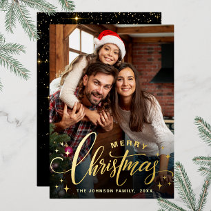 Sparkle Merry Christmas PHOTO Greeting Gold Foil Holiday Card