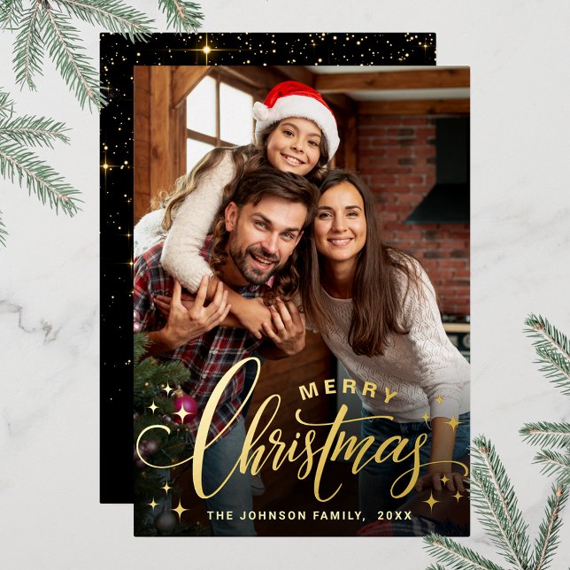 Sparkle Merry Christmas PHOTO Greeting Gold Foil Holiday Card (Customizable Christmas holiday greeting photo card with real foil print.)
