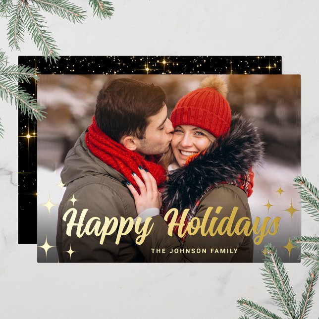 Sparkle Merry Christmas PHOTO Greeting Gold Foil Holiday Card (Customizable Christmas holiday greeting photo card with real foil print.)