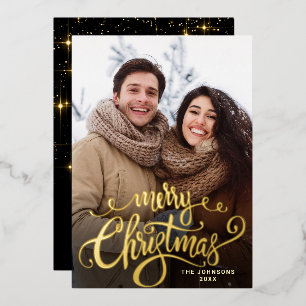 Sparkle Merry Christmas PHOTO Greeting Gold Foil Holiday Card