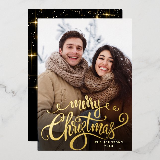 Sparkle Merry Christmas PHOTO Greeting Gold Foil Holiday Card (Front/Back)
