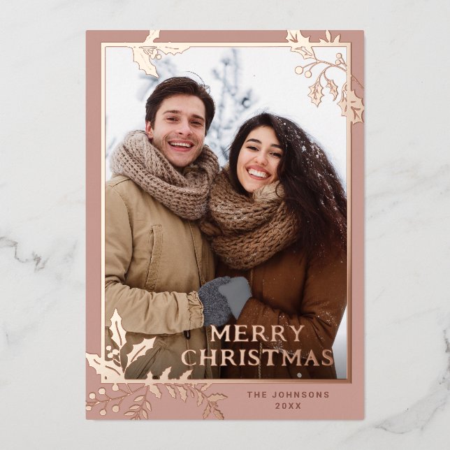 Sparkle Merry Christmas PHOTO Greeting Rose Gold Foil Holiday Card (Front)