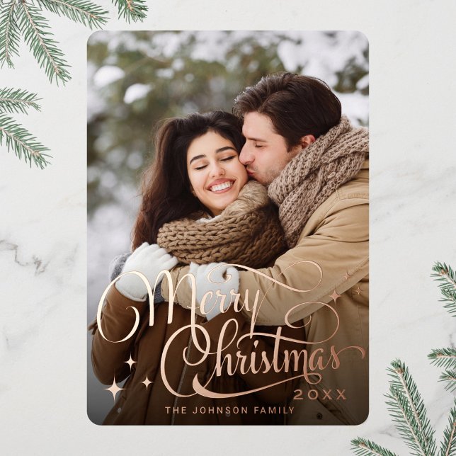Sparkle Merry Christmas PHOTO Greeting Rose Gold Foil Holiday Card (Creator Uploaded)