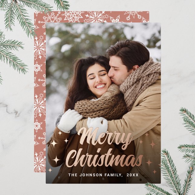 Sparkle Merry Christmas PHOTO Greeting Rose Gold Foil Holiday Card (Customizable Christmas holiday greeting photo card with real foil print.)