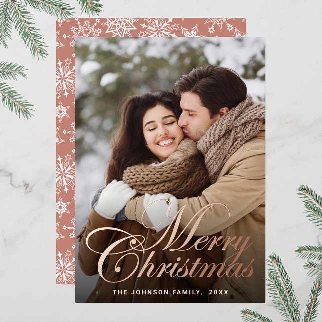 Sparkle Merry Christmas PHOTO Greeting Rose Gold Foil Holiday Card (Customizable Christmas holiday greeting photo card with real foil print.)