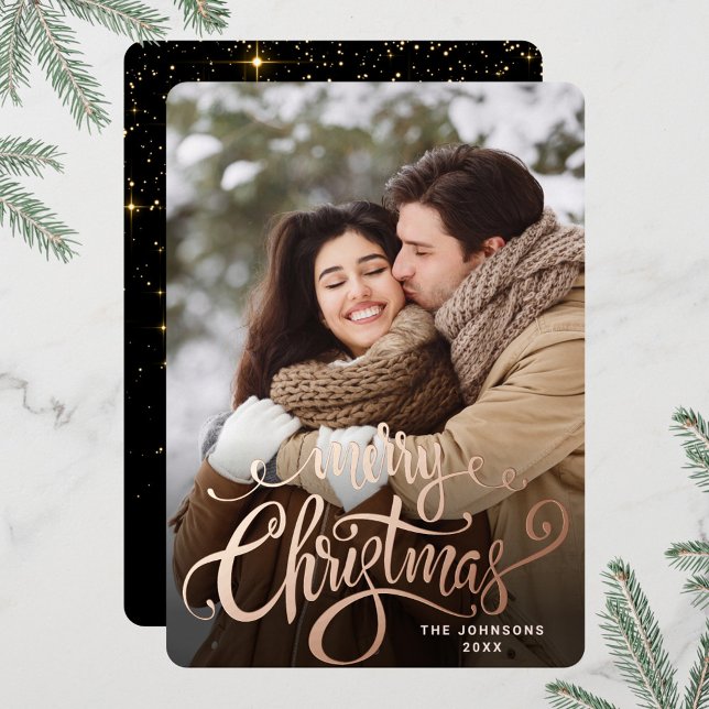 Sparkle Merry Christmas PHOTO Greeting Rose Gold Foil Holiday Card (Creator Uploaded)