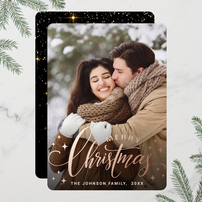 Sparkle Merry Christmas PHOTO Greeting Rose Gold Foil Holiday Card (Creator Uploaded)