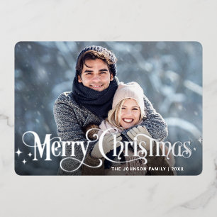 Sparkle Merry Christmas PHOTO Greeting Silver Foil Holiday Card