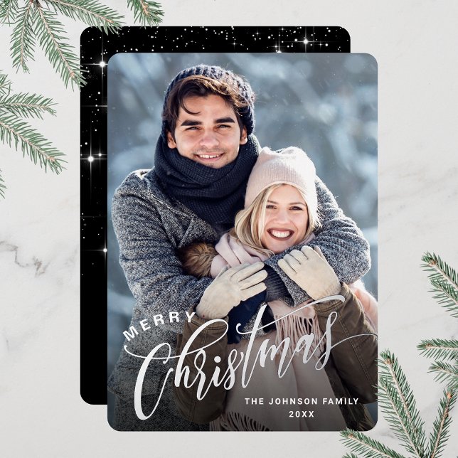 Sparkle Merry Christmas PHOTO Greeting Silver Foil Holiday Card (Customizable Christmas holiday greeting photo card with real foil print.)