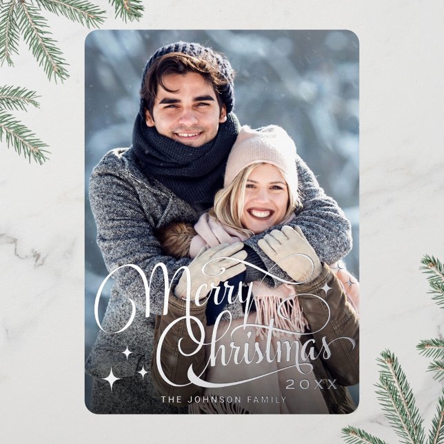 Sparkle Merry Christmas PHOTO Greeting Silver Foil Holiday Card (Creator Uploaded)