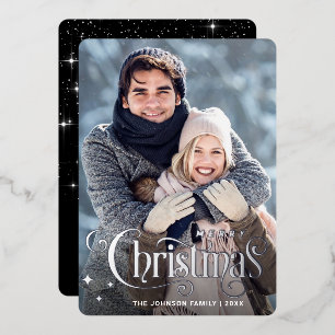 Sparkle Merry Christmas PHOTO Greeting Silver Foil Holiday Card