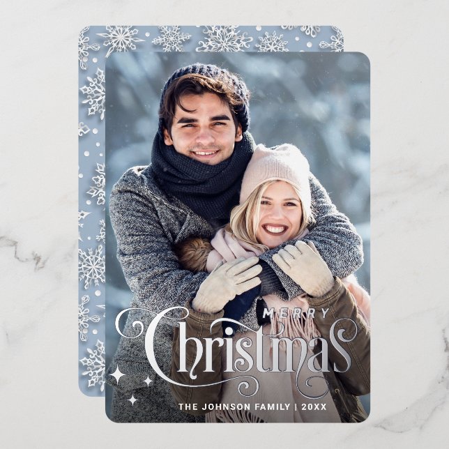 Sparkle Merry Christmas PHOTO Greeting Silver Foil Holiday Card (Front/Back)