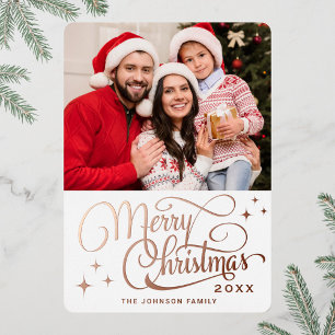 Sparkle Modern Christmas PHOTO Rose Gold Foil Holiday Card