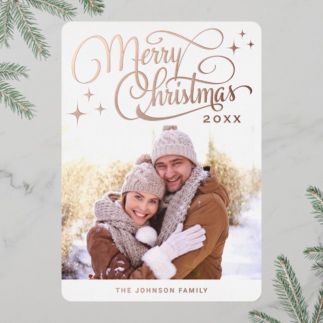 Sparkle Modern Christmas PHOTO Rose Gold Foil Holiday Card (Creator Uploaded)
