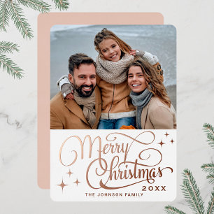 Sparkle Modern Christmas PHOTO Rose Gold Foil Holiday Card