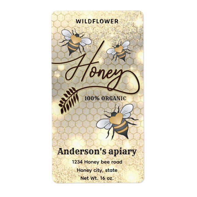 Sparkle modern elegant  honey bees honey jar label (Front)