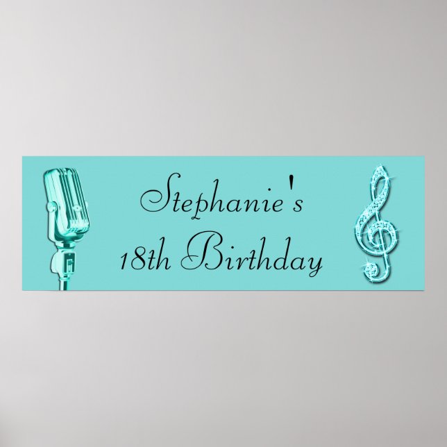 Sparkle Music Note and Retro Microphone Birthday Poster (Front)