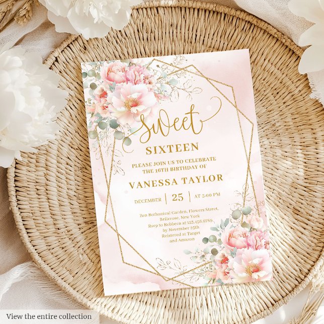 Sparkle Pale Pink Gold Peonies Sweet 16 Invitation (Sparkle Pale Pink Gold Peonies Sweet 16 Invitation)