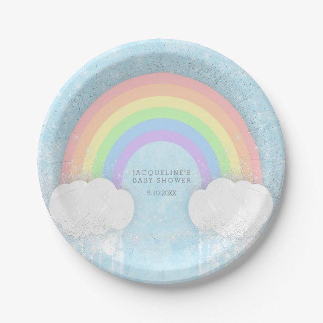 Sparkle Pastel Rainbow Baby Shower Paper Plate (Front)