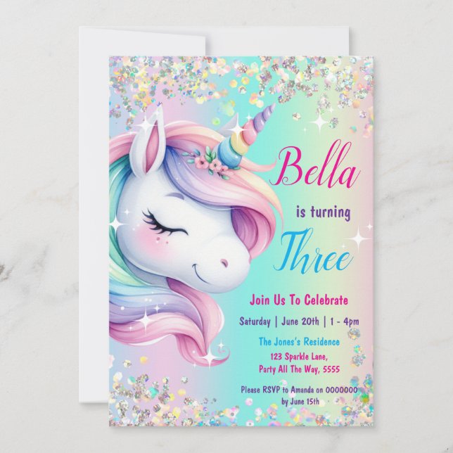Sparkle Pastel Rainbow Unicorn Birthday Invitation (Front)