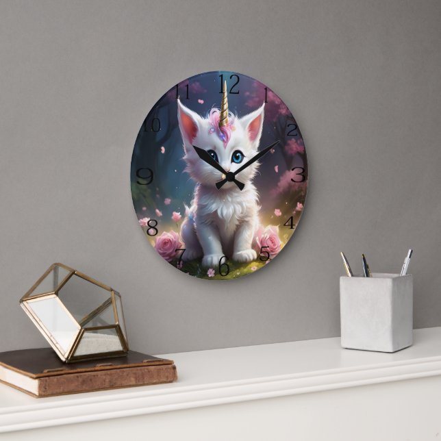 "Sparkle Paws: The Enchanting Unicorn Kitten" Large Clock (Office)