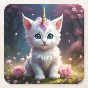 "Sparkle Paws: The Enchanting Unicorn Kitten" Square Paper Coaster