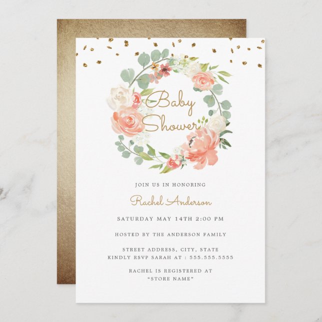 Sparkle Peach Gold Wreath Baby Shower Invitation (Front/Back)