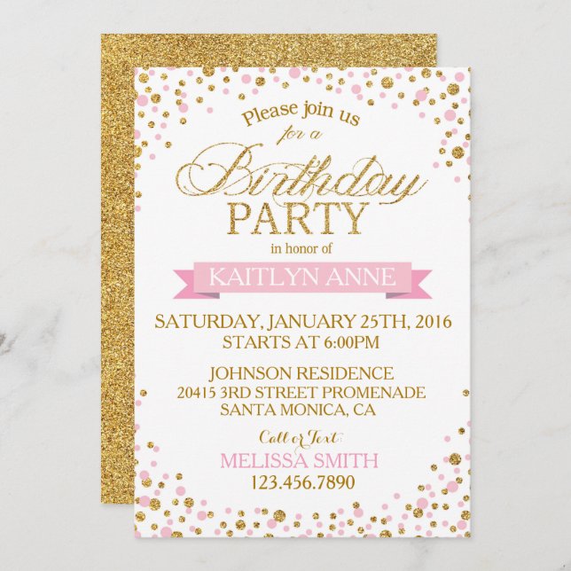 Sparkle Pink and Gold Glitter Dots Birthday Invitation (Front/Back)