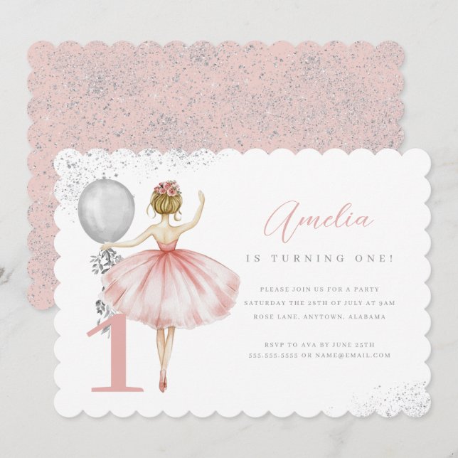 Sparkle Pink Ballerina First Birthday Party Invitation (Front/Back)