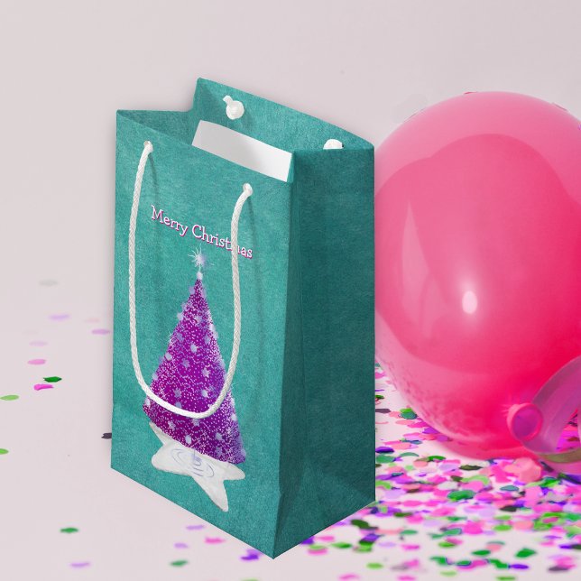 Sparkle Pink Christmas tree Silver Ornaments Teal Small Gift Bag (Pink Christmas tree silver stars on white rug on pretty teal Holiday gift bags.)